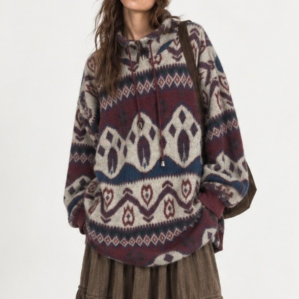 Vintage 80s 90s Oversized Sweater 2X Grandpa Cabin Ski Lodge Folk Boho Pullover